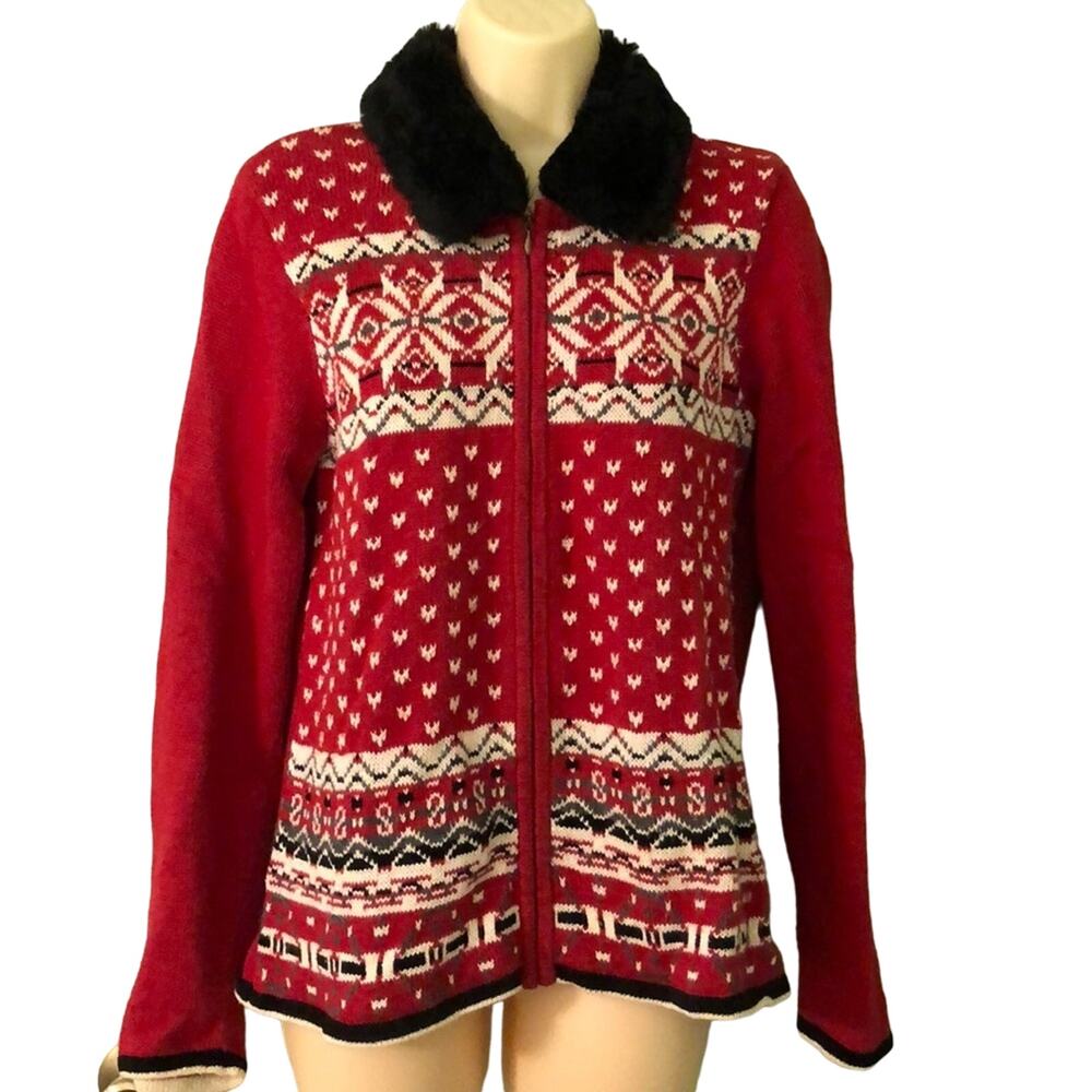 Vintage Liz Claiborne Cardigan Sweater Fur Collar Size Medium Y2K Holiday